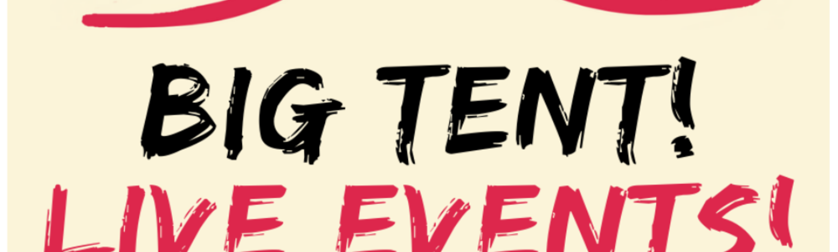 Logo of big tent, pale yellow background pink lines top and bottom
