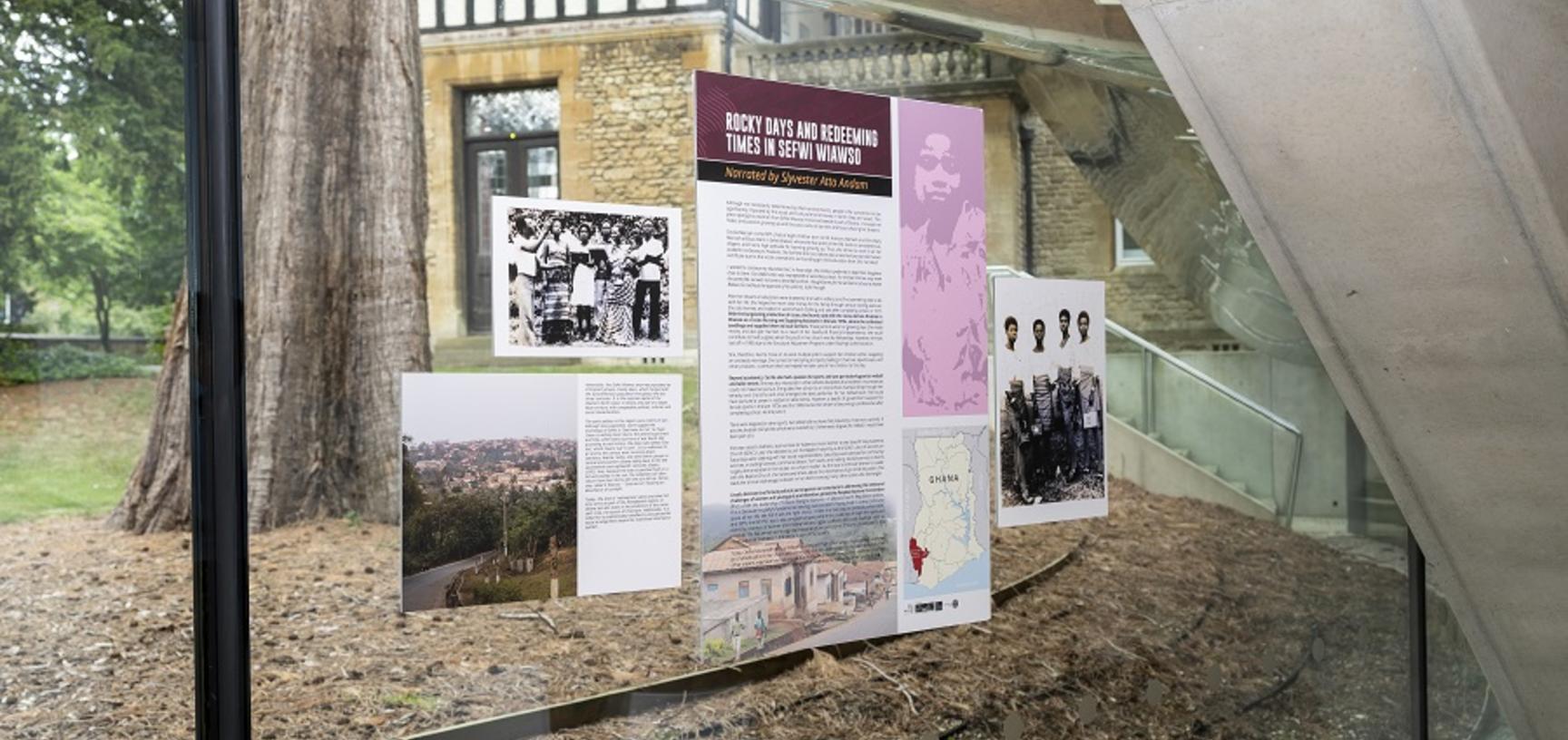 posters on the window of the venuw looking out at a landscaped area below a tree