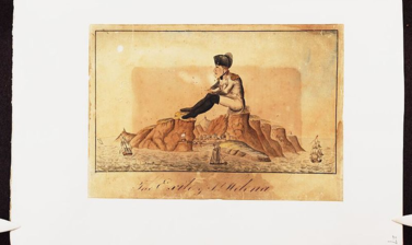 A colourful sketch. A gigantic Napoleon sits on the rocks that form the port of St Helena. Sailing boats sail right under his legs.