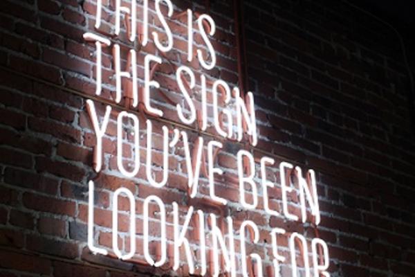 Image depicts the following sentence in capital letters as a neon light display mounted on an brick wall: This is the sign you have been looking for