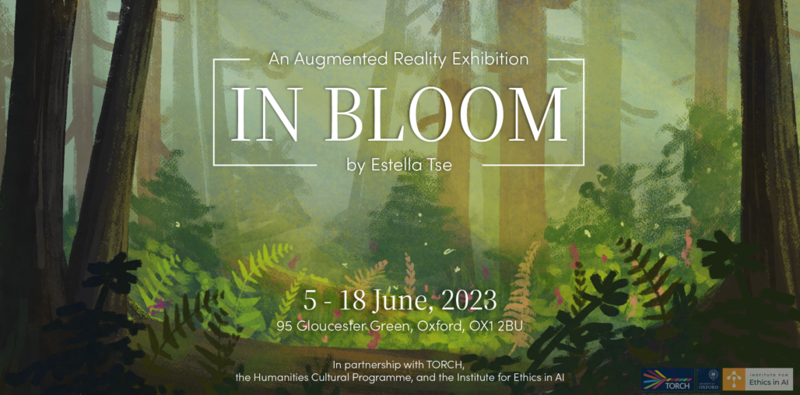 A poster for In Bloom, an Augmented Reality Exhibition. The poster features illustrated trees and plants in a woodland scene.