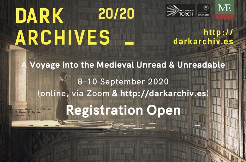 Woman looking at dark room filled with books. Writing states Registrations Open