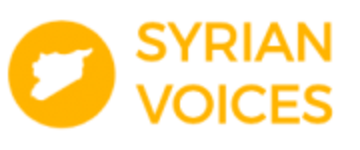 Syrian Voices logo, consisting of a yellow circle containing an outline of Syria, next to the words 'Syrian Voices'