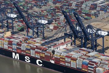 The boat MSC Tina moored at Felixstowe. The boat is loaded with containers and moored in front of four blue cranes. 
