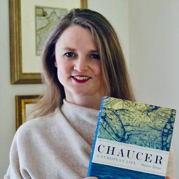 marion turner holding her book Chaucer A European Life