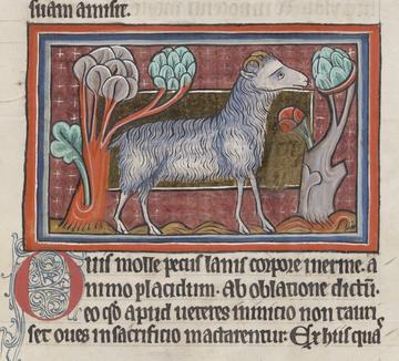 medieval script with ram eating trees