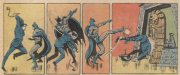 4 panels of a comic book showing batman fighting against red background