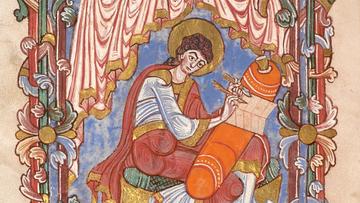Medieval manuscript image of woman writing on top of orange cushion