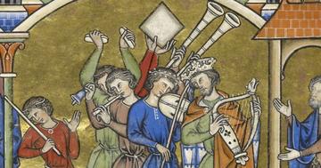 Medieval script image of a group of people playing instruments