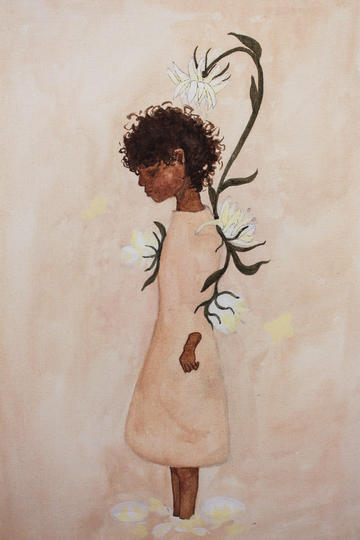 Bonds Painting, woman in white dress with flowers growing behind her