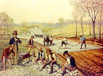 The road to progress? Workers lay the first North American ‘macadam’ road in Maryland, US, 1823. Carl Rakeman/Wikipedia