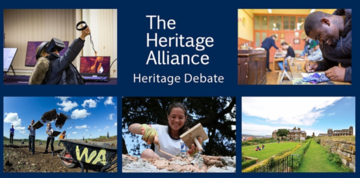 Heritage Debate cover image. Heritage Alliance is written with white letters in the middle, surrounded by five pictures of human activity related to heritage