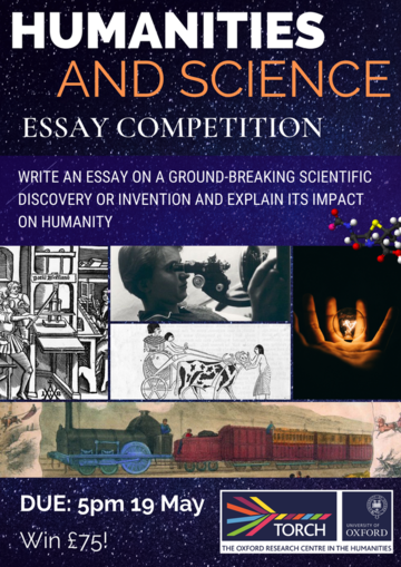 Galaxy background with various photographs of scientific discoveries - Printing Press, Lightbulb, Steam Engine. Text reads: write an essay on a groundbreaking scientific discovery or invention and explain its impact on hmanity. Due 5pm 19 May, Win £75!