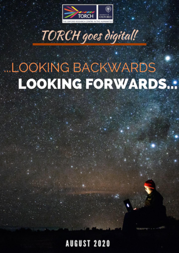 Text reads: Looking Backwards, looking forwards, galaxy background, person on laptop
