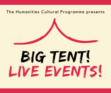 "Big Tent! Live Events!" logo on cream and red background 