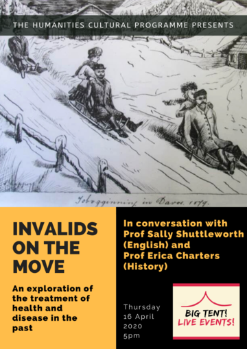 "Invalids on the move" on yellow background below a black and white sketch of people on sledges