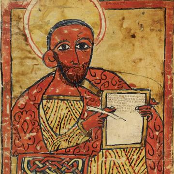 The Evangelist Luke holding a page and a pen, Four Gospels, MS Aeth. c. 2, fol. 58v (© Bodleian Library).