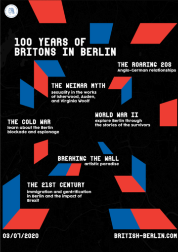 Black, blue and red poster of 100 years of Britons in Berlin