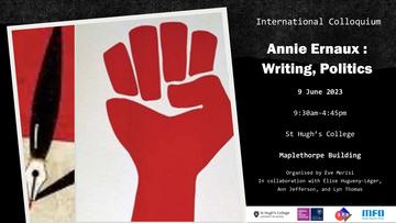 A poster for Annie Ernaux: Writing, Politics, featuring a red raised fist and an ink pen drawn in a minimalist style