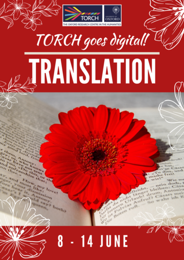 Open book, red flower, text says Translation
