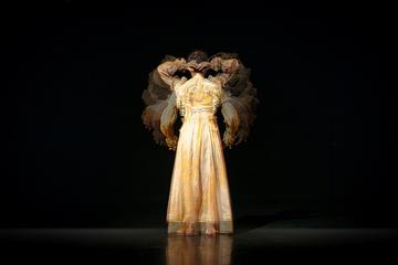 A figure stands on a dimly lit stage in an off-white dress, with several reflections of their arms on the side.