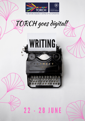 Writing Poster, pink flowers, text reads TORCH Goes Digital, Writing, with image of black typewriter