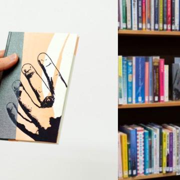 2 images, a hand holding the book next to an image of library shelves
