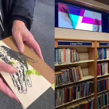 2 images, person holding a book next to an image of library shelves 