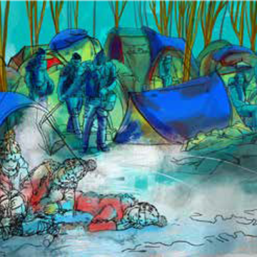 Drawing of tents and people huddled together at Calais 'Jungle'