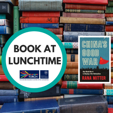 Background of colourful old book spines, overlaid with a white circle containing the words 'Book at Lunchtime' and to the right, the cover of China's Good War