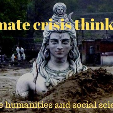 climate crisis thinking logo - a statue immersed in dirt/sand with yellow text 'climate crisis thinking in the humanities and social sciences'