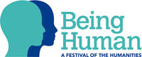Illustration of the silhouettes of two overlapping heads, one light blue, one dark blue. To the right, there is large blue text reading 'Being Human' and smaller text reading 'A festival of the humanities'
