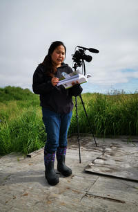 A young Yup’ik young woman standing on a wooden platform consulting a vegetation guidebook with lush tundra vegetation in the background.