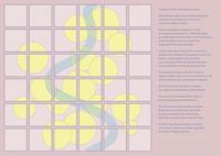 Urban Scores | 'near enough the sea to smell it in the air'. Score by Una Lee. Image displays a grid with differnt size yellow circles along a blue meandering line drawn as perpendicular stripes