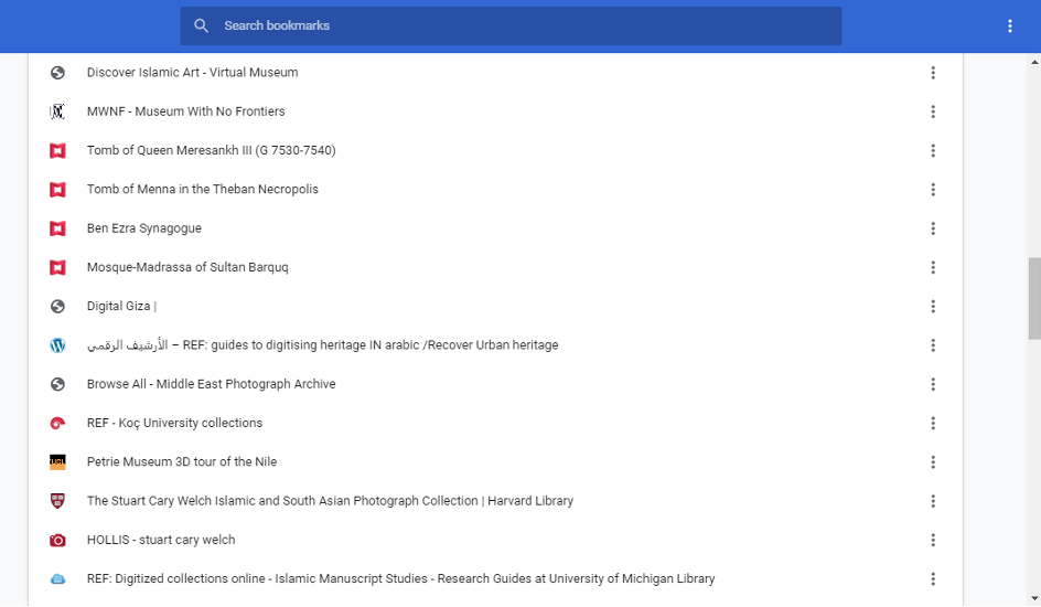 A screenshotted, cropped image displaying a list of just some of the many resources saved in the intern’s bookmark folder.