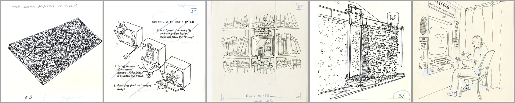 Original drawings of speculative inventions created by David EH Jones for New Scientist magazine under the pen name Daedalus. 